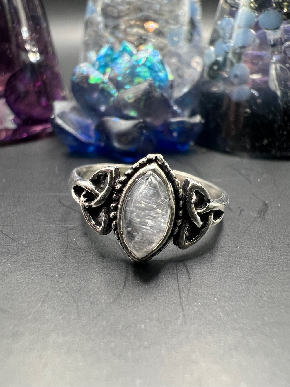 Celtic Marquise Moonstone Silver Ring - White Stone